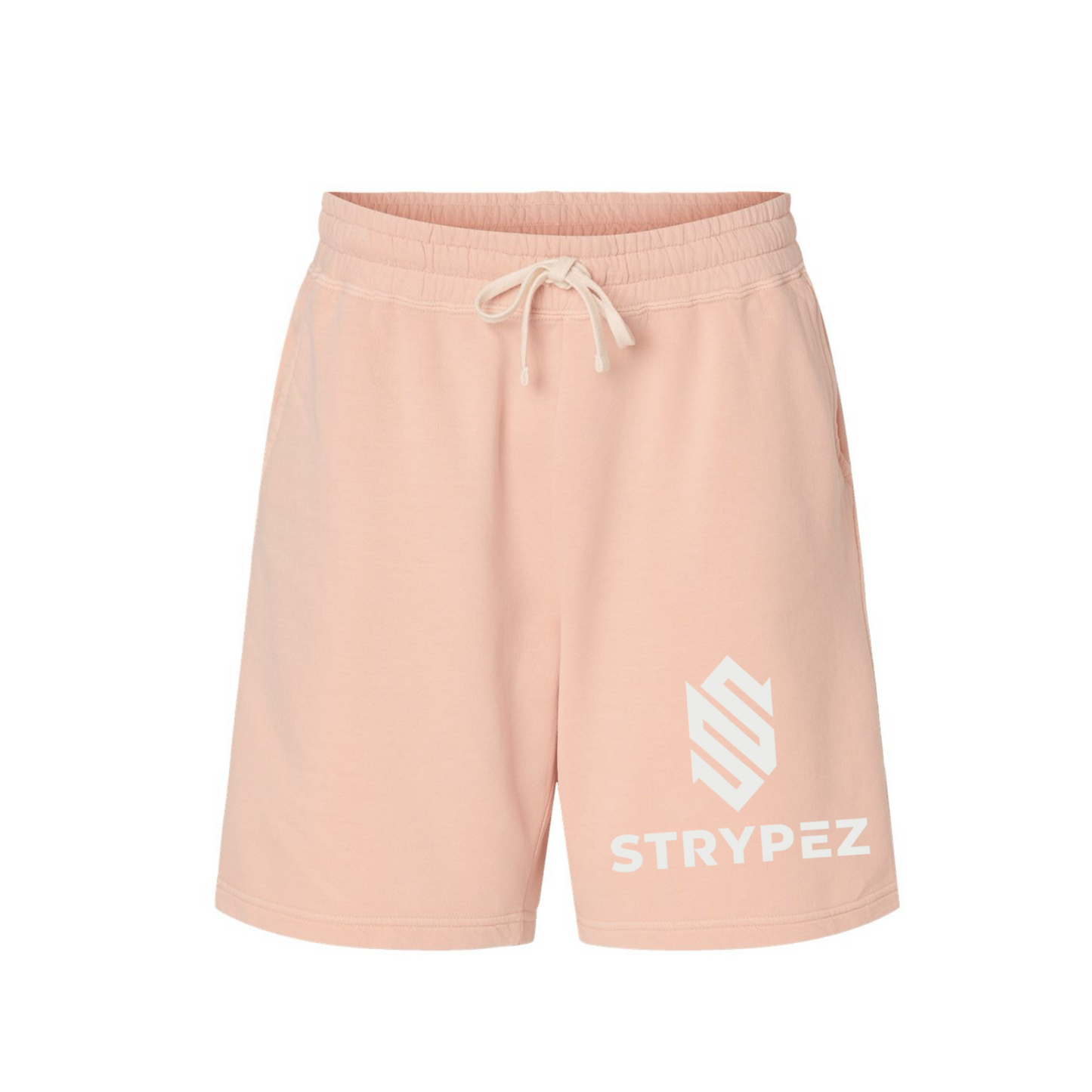 Pink shorts with a white logo and text on a white background