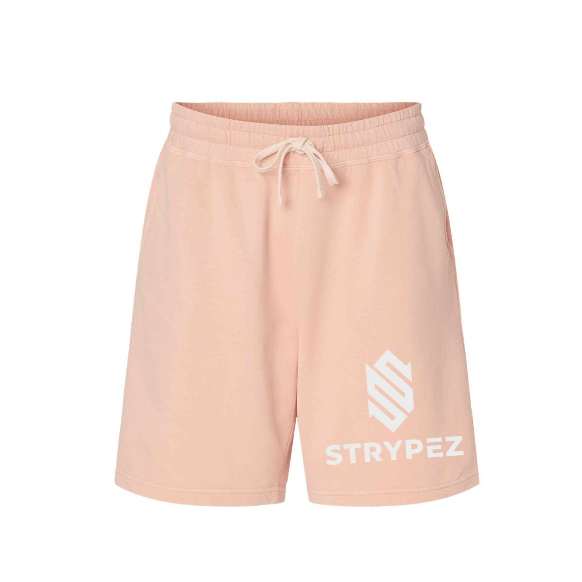 Pink shorts with a white logo and text on a white background