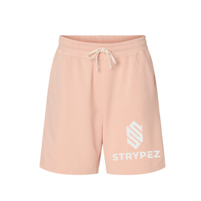 Pink shorts with a white logo and text on a white background